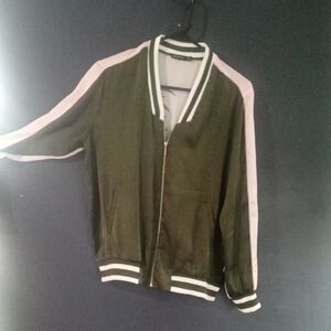 Stradivarius Polyester Green Pink Zip Up Jacket w/ Palm Tree Design Size Medium